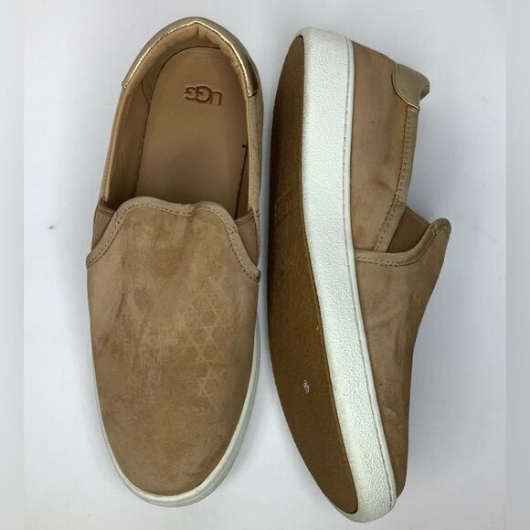 UGG Australia Shoes Tan/Gold Suede Leather Jass Sneakers Slip On Women Sz 10 - Picture 2 of 10